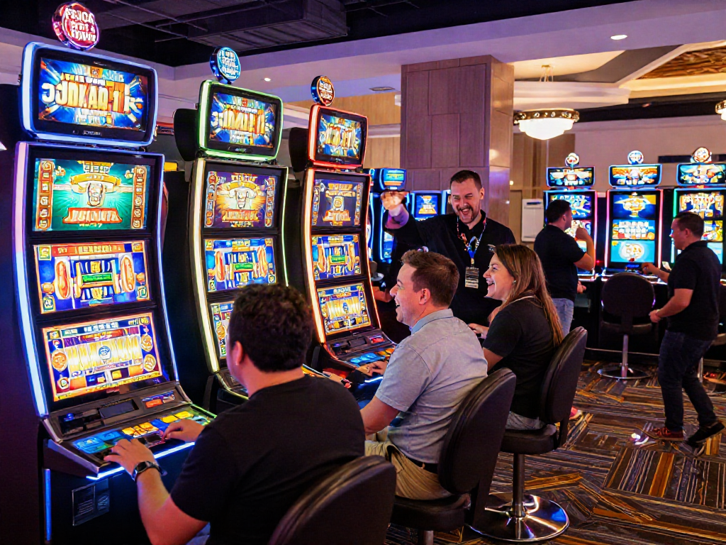 Engaging players experiencing a slot bonus in a lively casino environment, surrounded by colorful machines and joyful interactions.