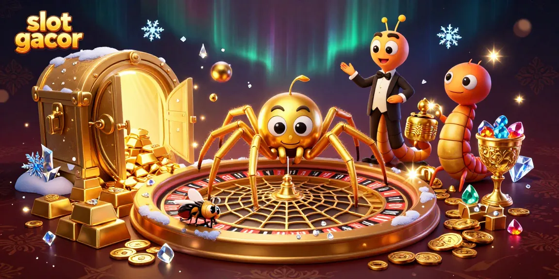 Engage with slot gacor while a cartoon spider spins a roulette web of fortune, showcasing vibrant casino elements.