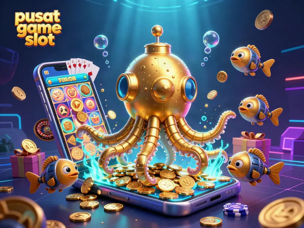 Pusat game slot vibrant scene with a golden kraken submarine and mechanical fish among spinning reels and coins.