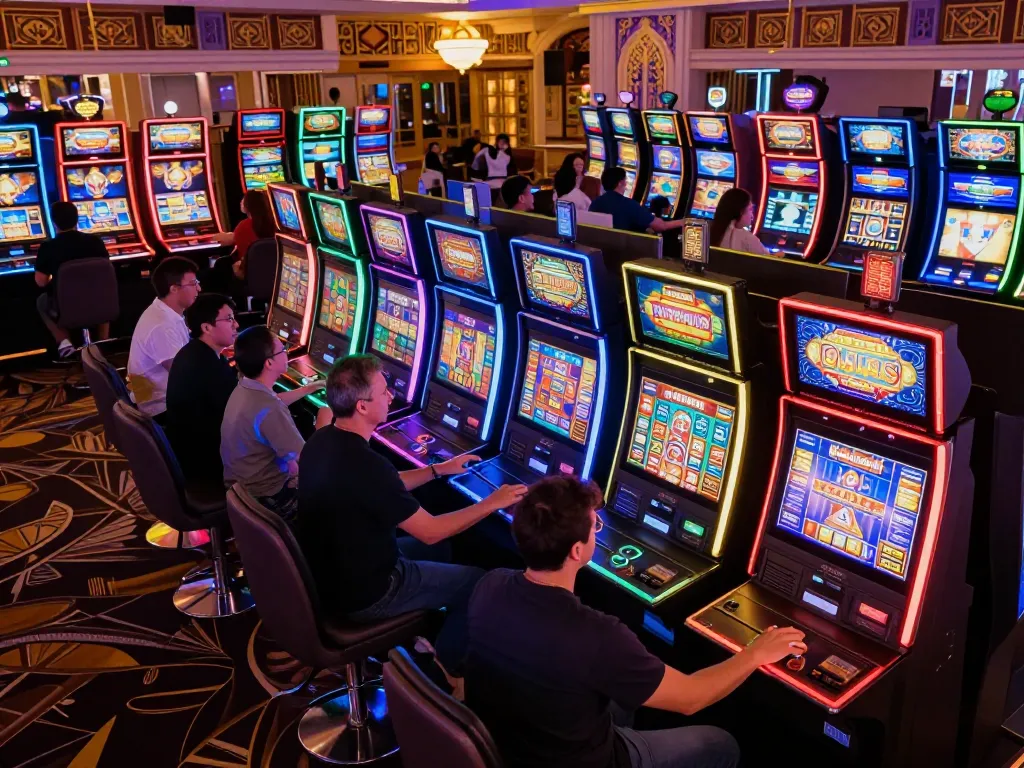 Players enjoying slot777 games, vibrant atmosphere at a casino slot machine area.