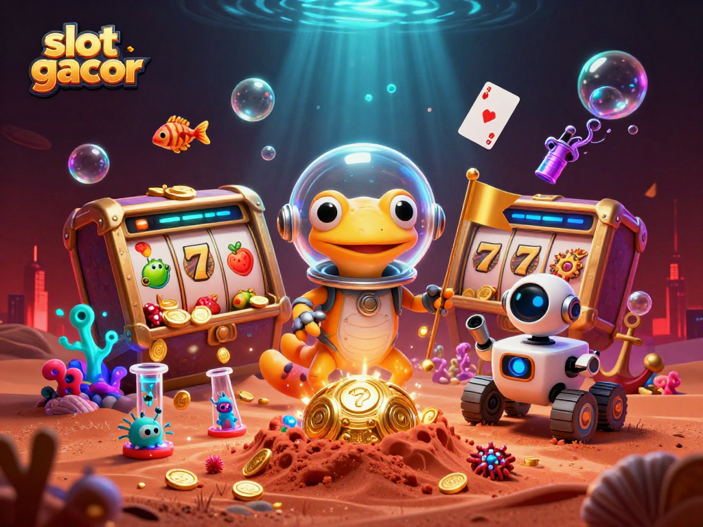 Menangkan slot gacor dengan ilustrasi kartun 3D Martian gecko di kasino emas di Mars.