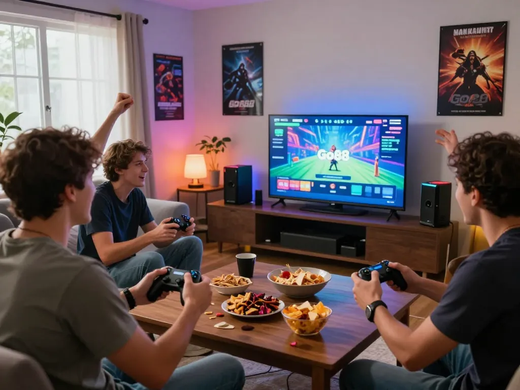 Friends enjoying Go88 online gaming in a vibrant living room.