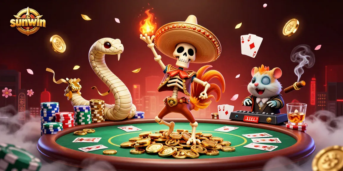 Experience the thrill of sunwin with a unique poker celebration featuring vibrant 3D characters.