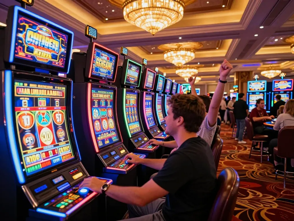 Experience slot gacor gampang menang at dynamic casino with players celebrating wins at colorful slot machines.
