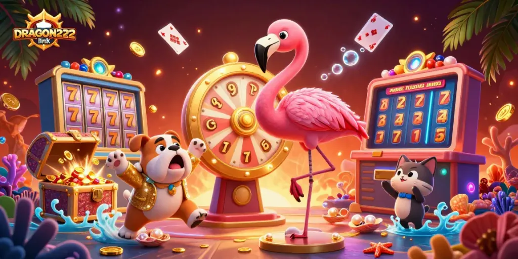 Spin exciting games with the DRAGON222 link in a vibrant casino-themed scene.