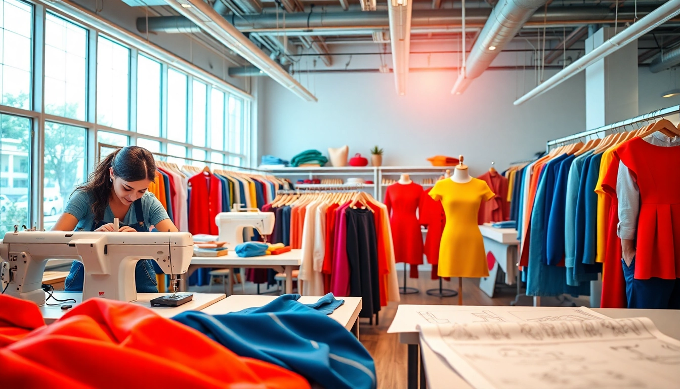 Engaging scene of private label clothing manufacturers crafting vibrant garments in a lively workshop.