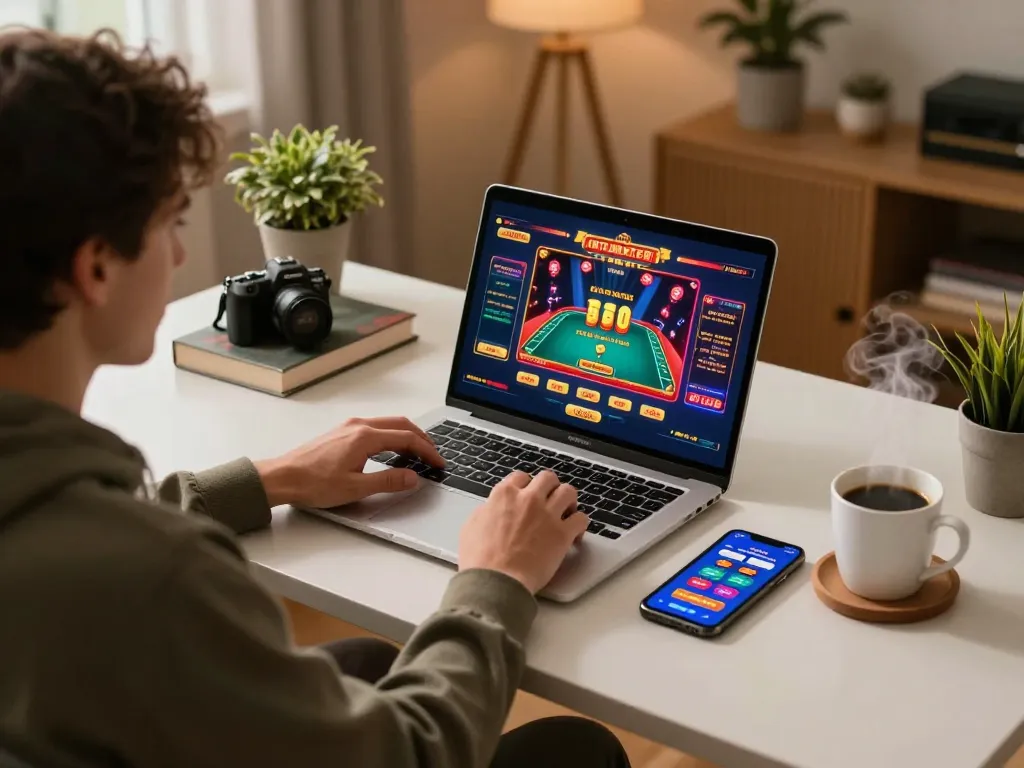 Casinò americani online providing an interactive and engaging home gaming environment with a player on a laptop.