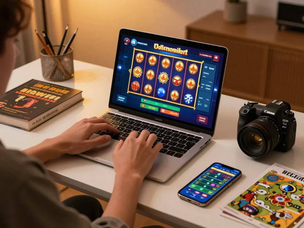 Engaging online gaming with agenslot188 on a stylish laptop, showcasing vibrant slot game interface.