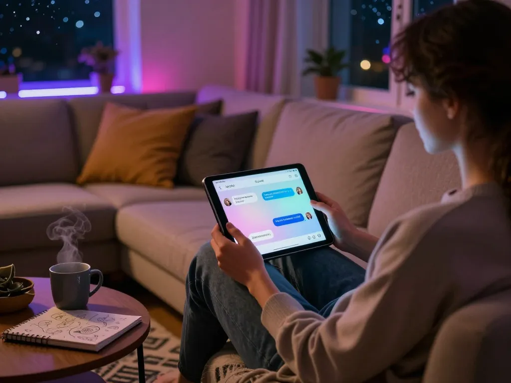 Engaging in NSFW AI chat in a cozy digital space with warm lighting, tablets, and intimate setting.