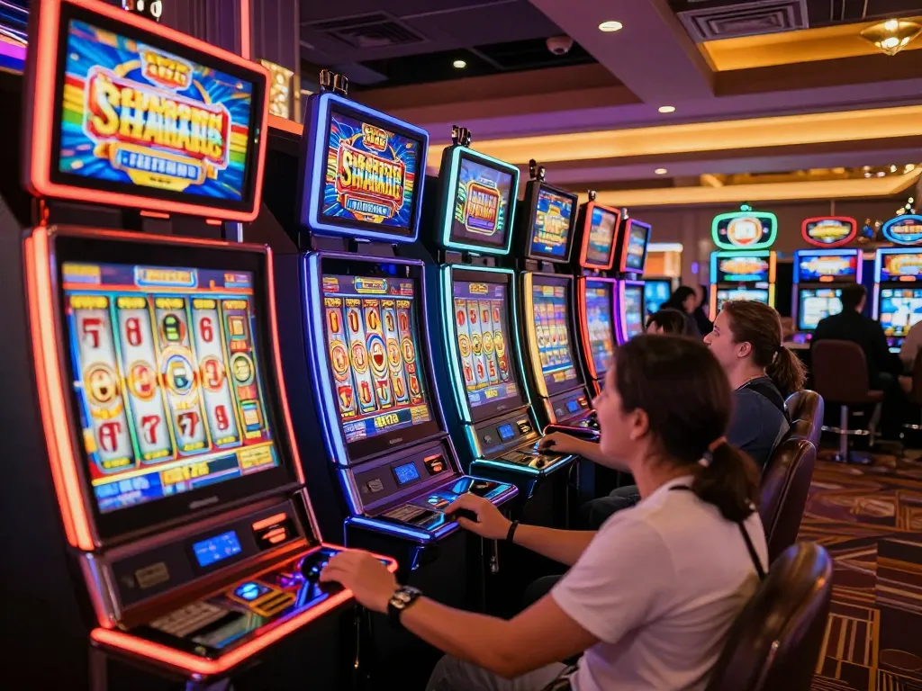 Players engaging with slot machines showcasing thrilling wins and colorful displays in a vibrant casino.