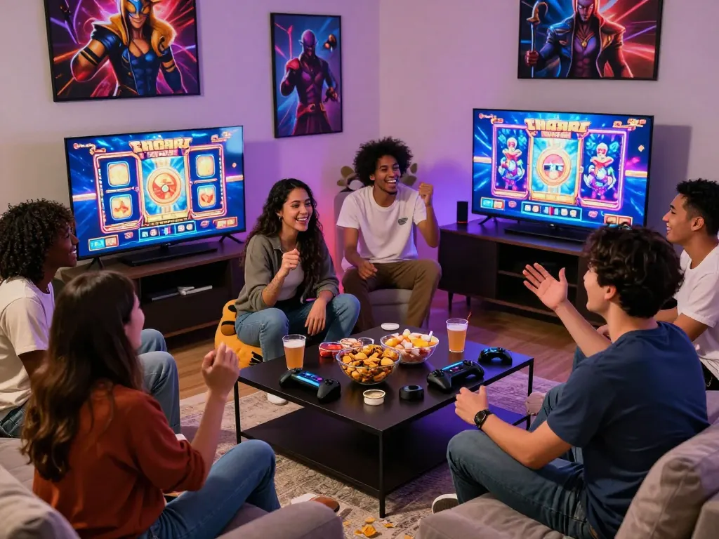 Teman-teman menikmati malam permainan slot gacor yang mengasyikkan dengan camilan dan visual layar yang cerah.