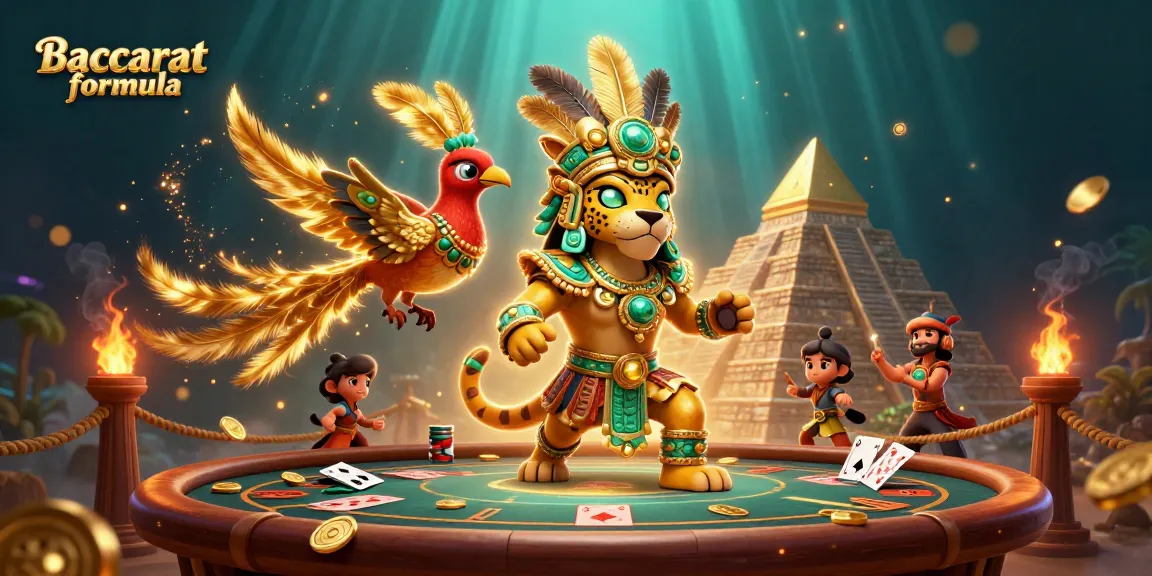 Engage with the Baccarat formula in a captivating scene featuring a Mayan jaguar priest, playing cards, and casino tokens