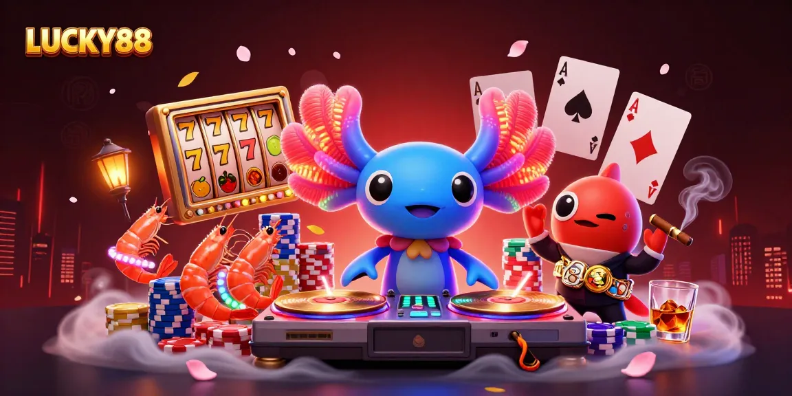Engage with LUCKY88's vibrant world featuring a neon axolotl DJ and dynamic slot game elements.