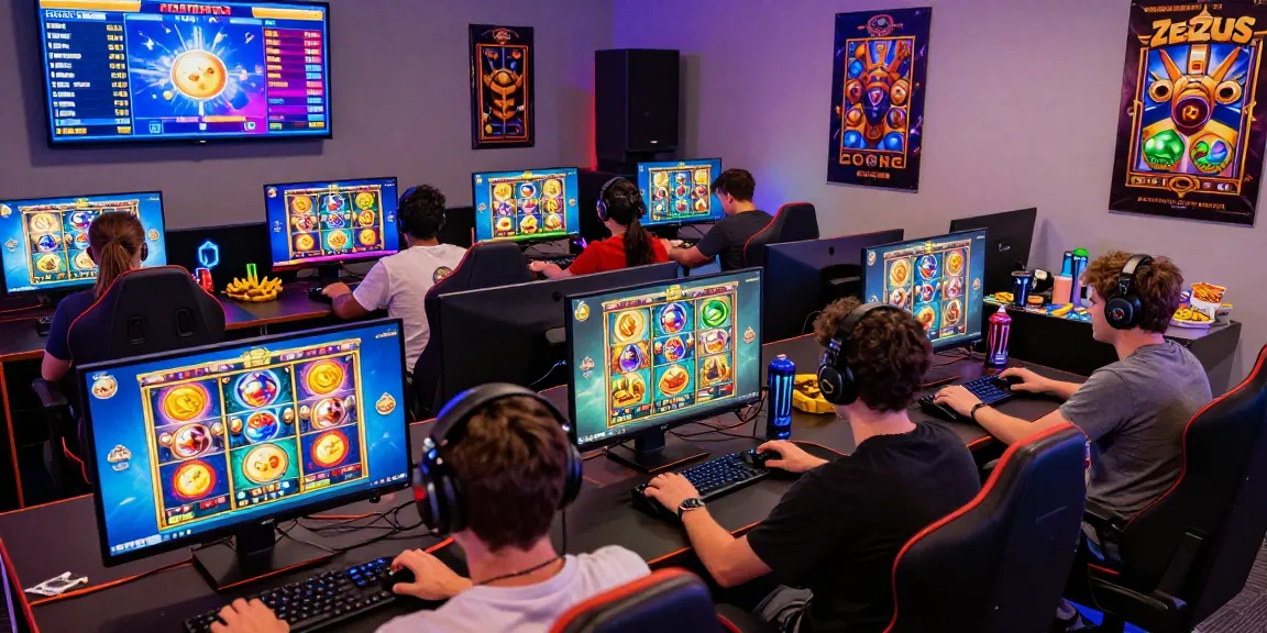 Exciting Zeus Slot gaming scene with players engaged in vibrant online gameplay, showcasing dynamic graphics and accessories.
