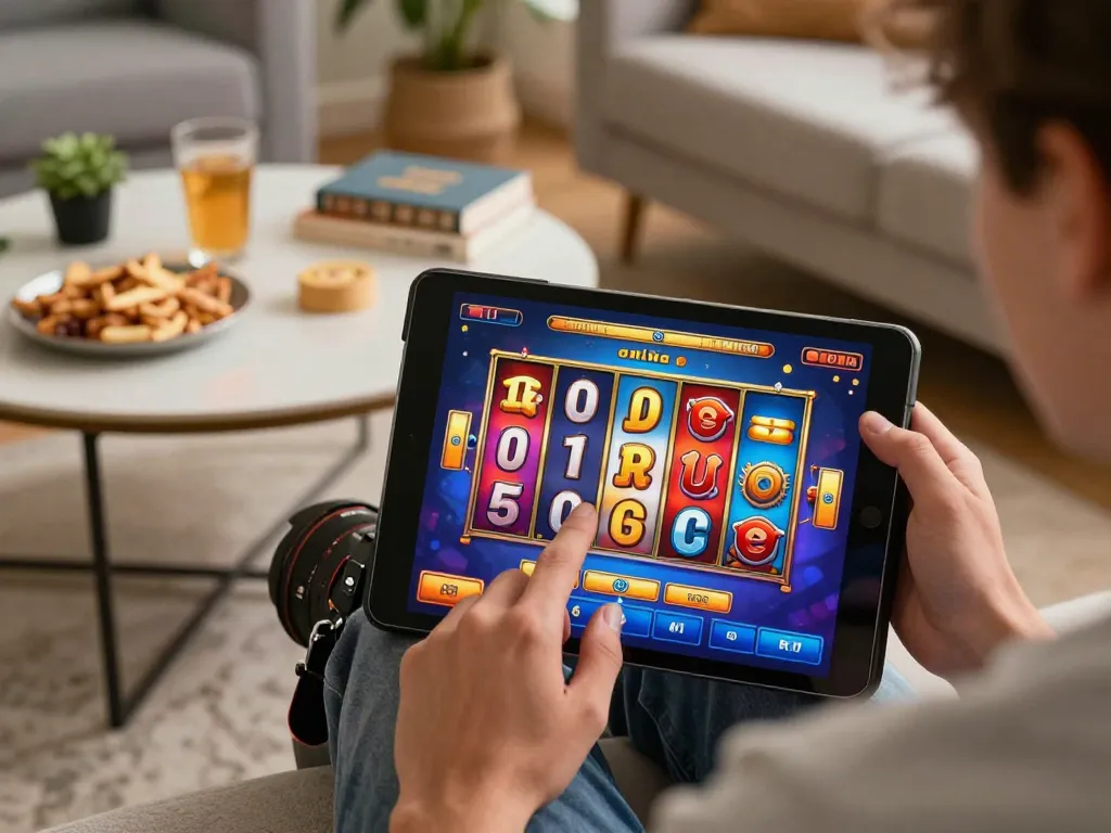 Player enjoying online slot games at home, showcasing situs slot gacor experience with vibrant interface and cozy ambiance.