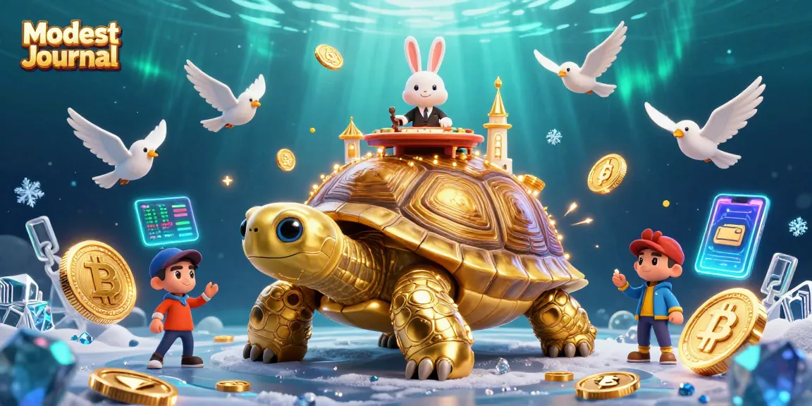 Engage with the thrilling world of Modest Journal's casino scene featuring a golden tortoise and crypto elements.