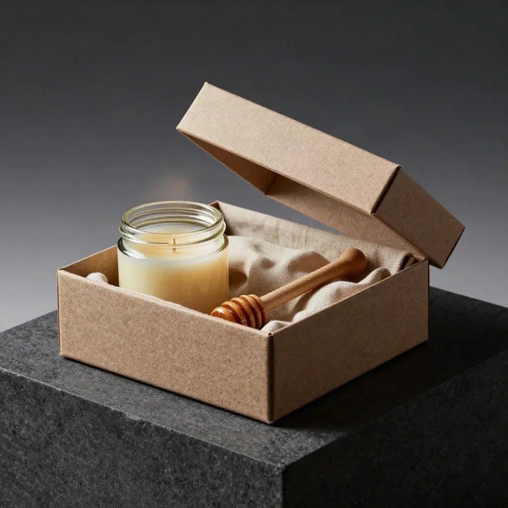 Unbranded honey gift set in kraft box with jar, candle, and honey sticks, dramatic studio light.
