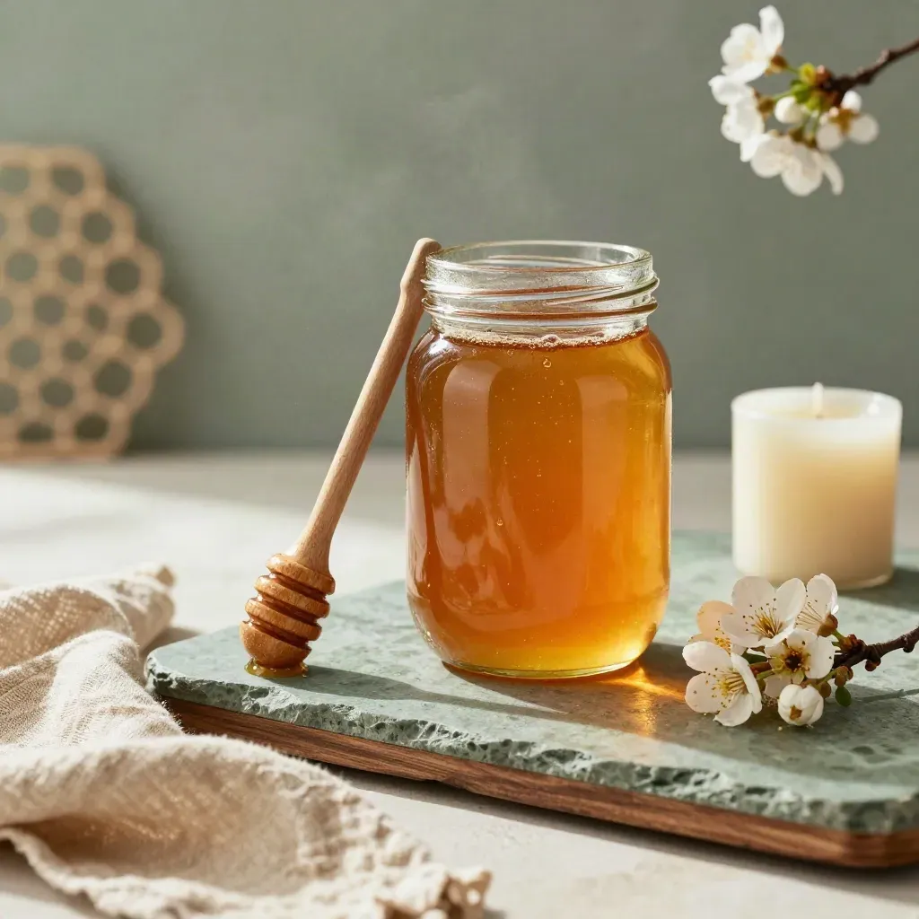 Monumental honey jar, dipper, linen, candle and blossom branch in misty dawn studio light.