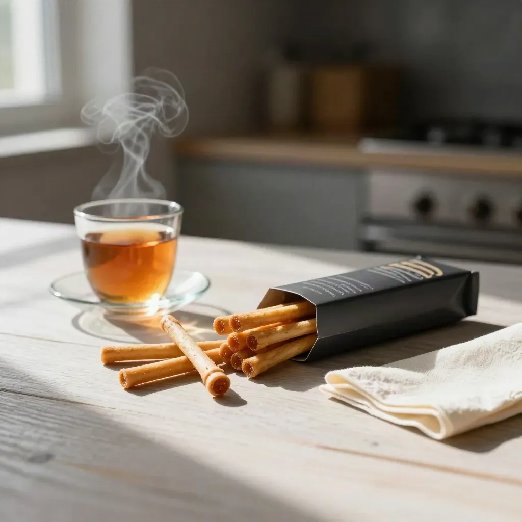 Honey sticks pack with loose sticks, tea, and napkin on pale wood in soft window light.