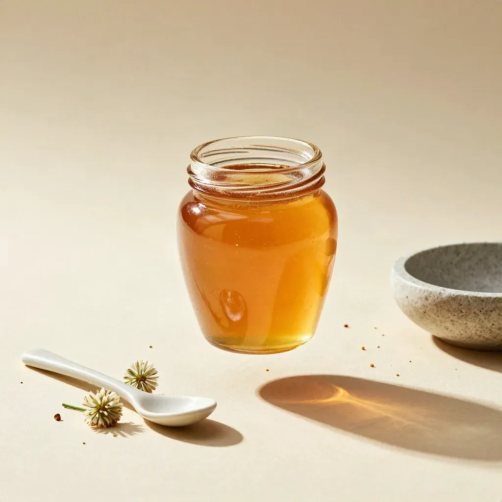Macro clover honey jar, blossoms, ceramic spoon and stone bowl on a cream seamless field.