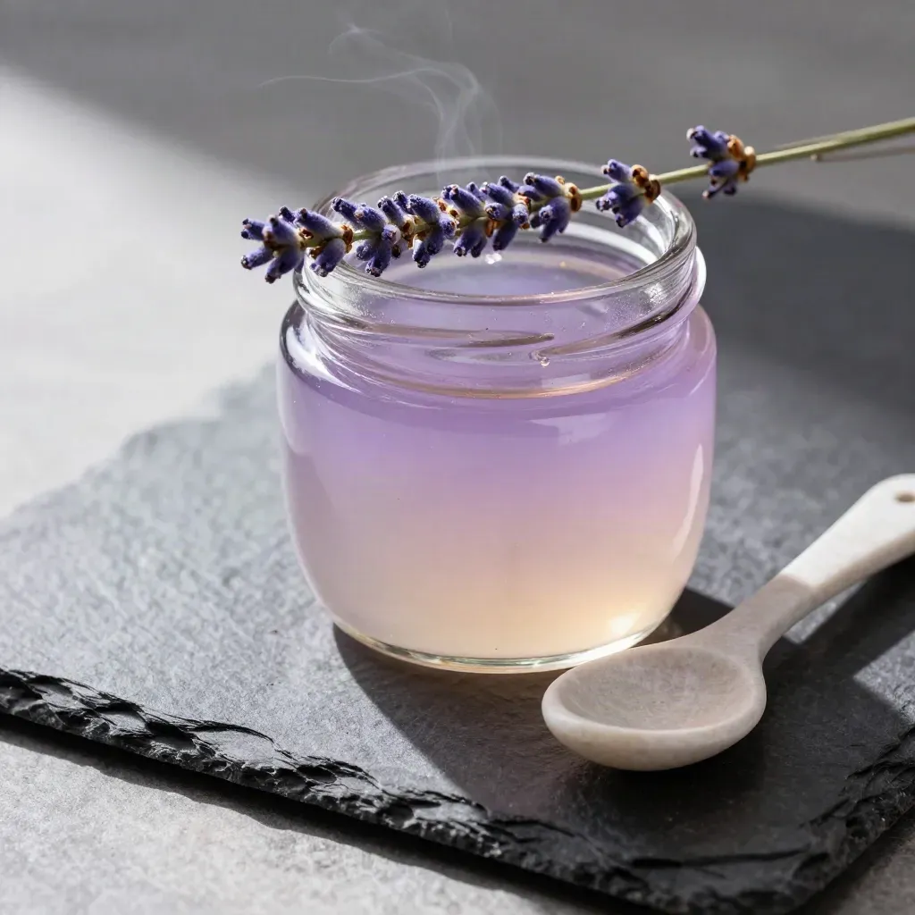 Lavender honey jar with dried lavender stems, stone spoon and ceramic dish on slate
