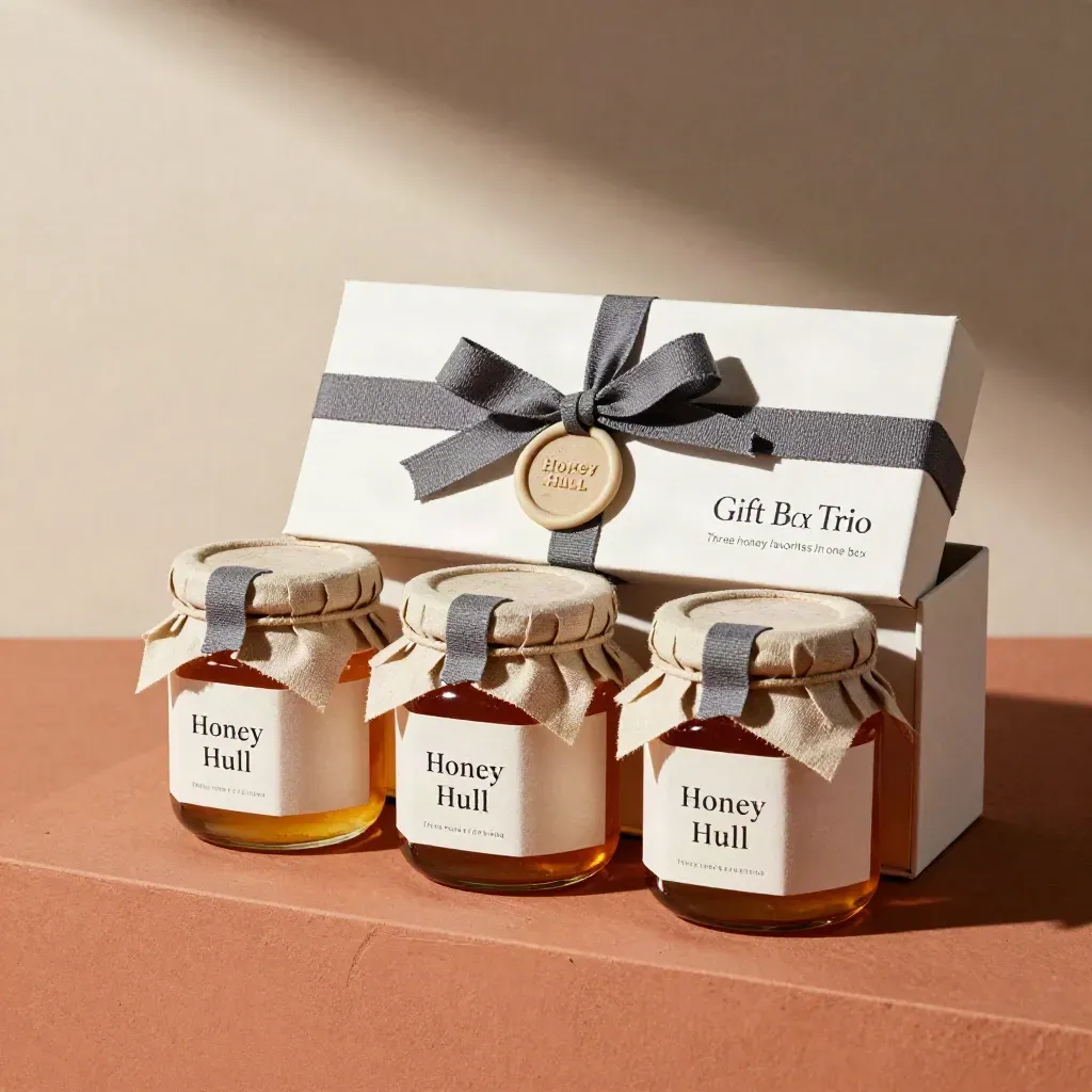 Open gift box with three honey jars, linen ribbon, and blank seal on terracotta surface.