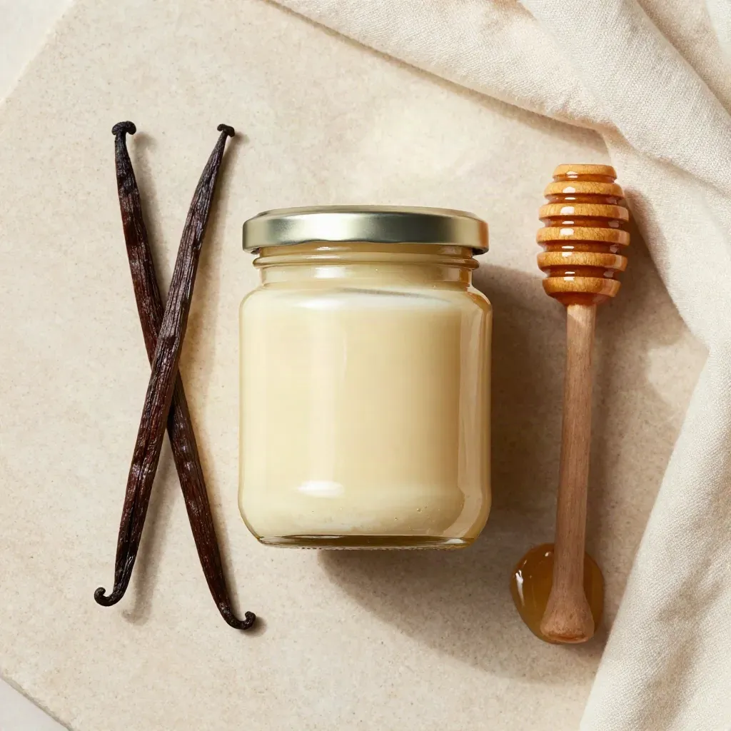 Overhead flatlay of a creamed vanilla honey jar with vanilla beans, dipper, and cream cloth.