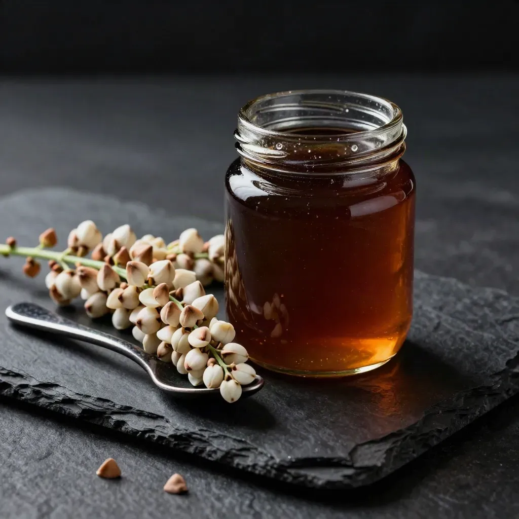 Buckwheat honey jar with blossoms and a dark spoon on charcoal stone, lit dramatically in studio.