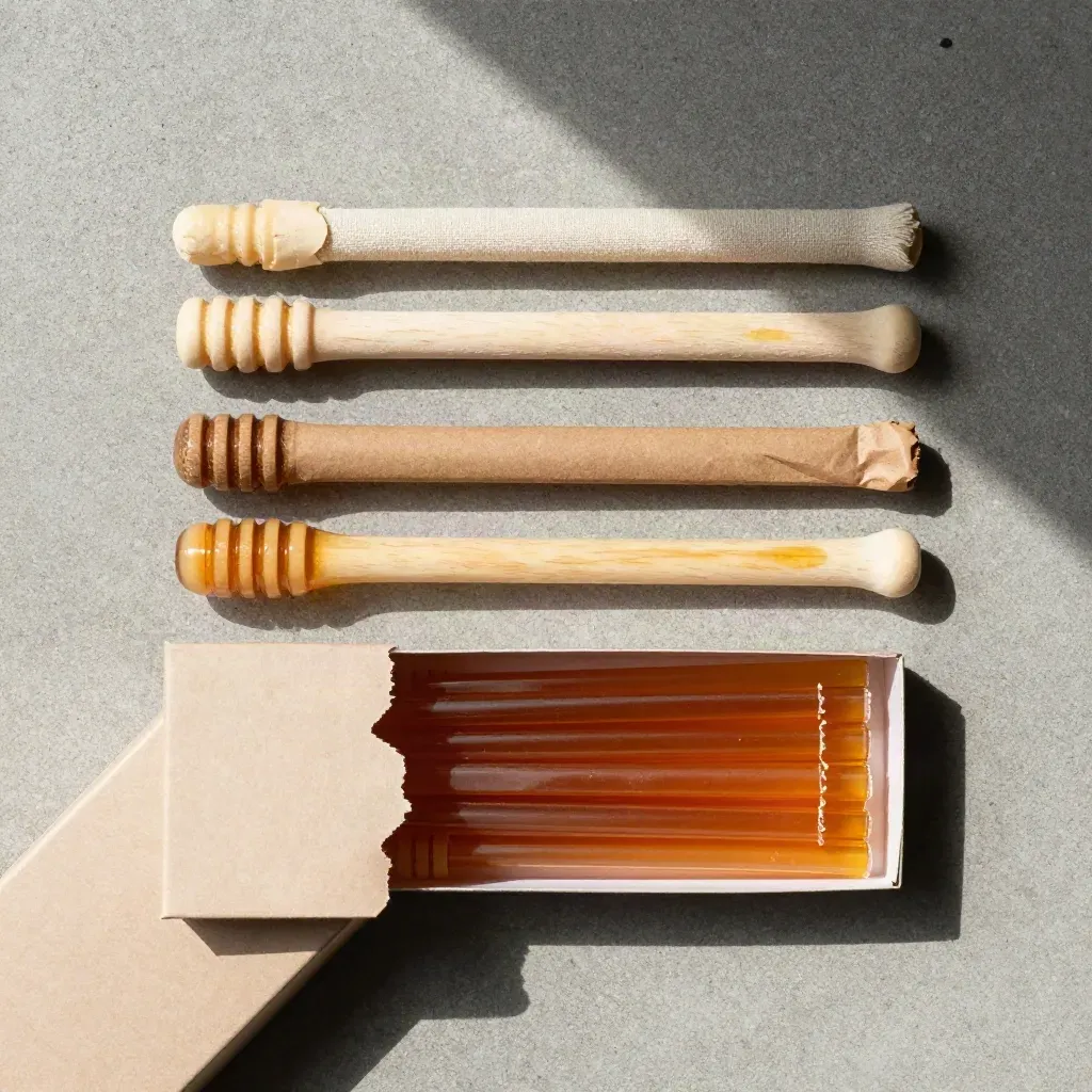 Overhead flat lay of a honey stick box with fanned sticks, torn wrap and linen on concrete.