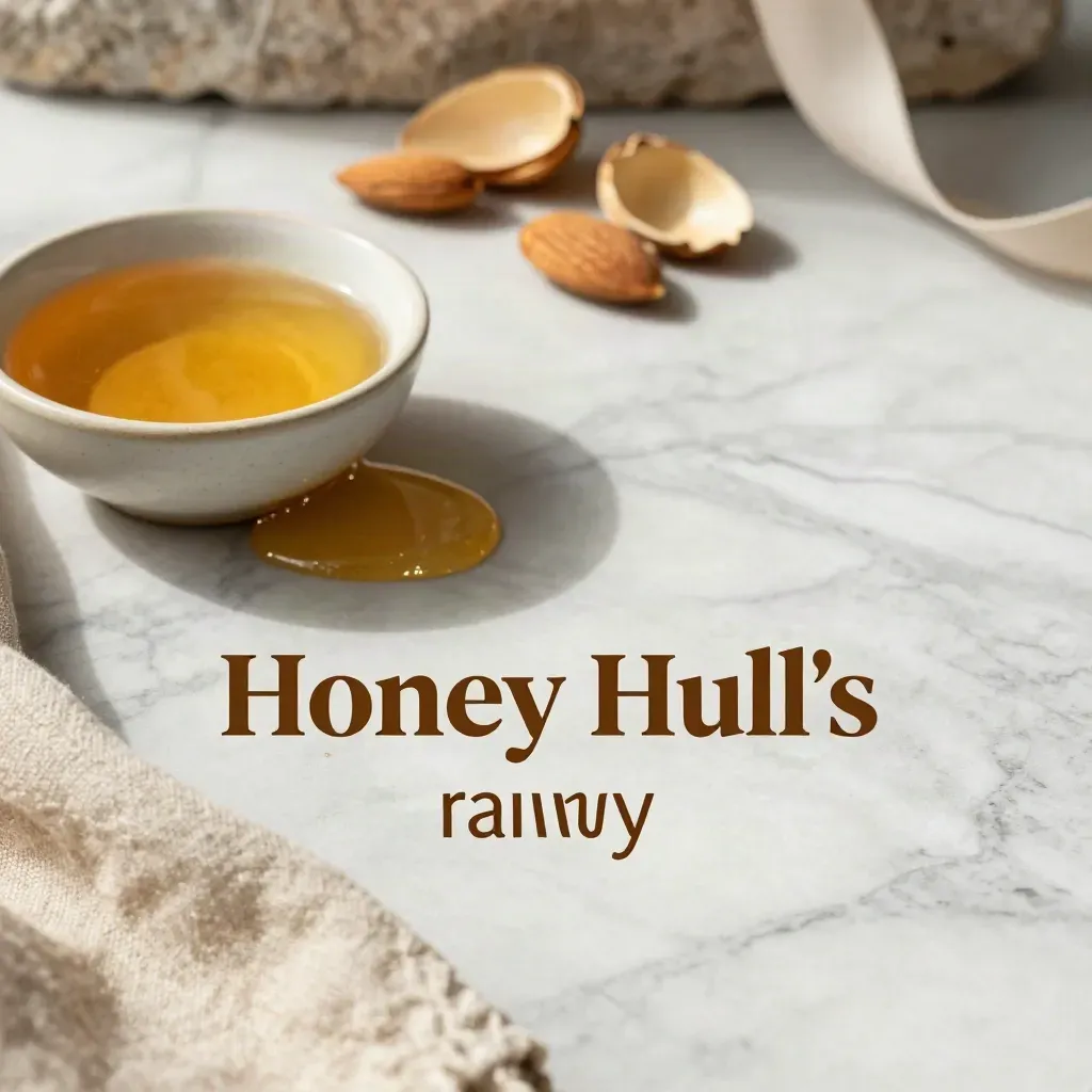 Honey bowl on marble with linen and almond shells in soft light.
