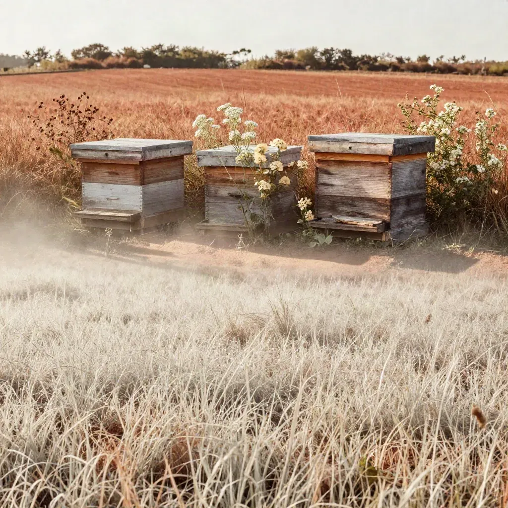 Dewy meadow edge with low beehives, pale grasses, and a hazy hedgerow in soft morning light