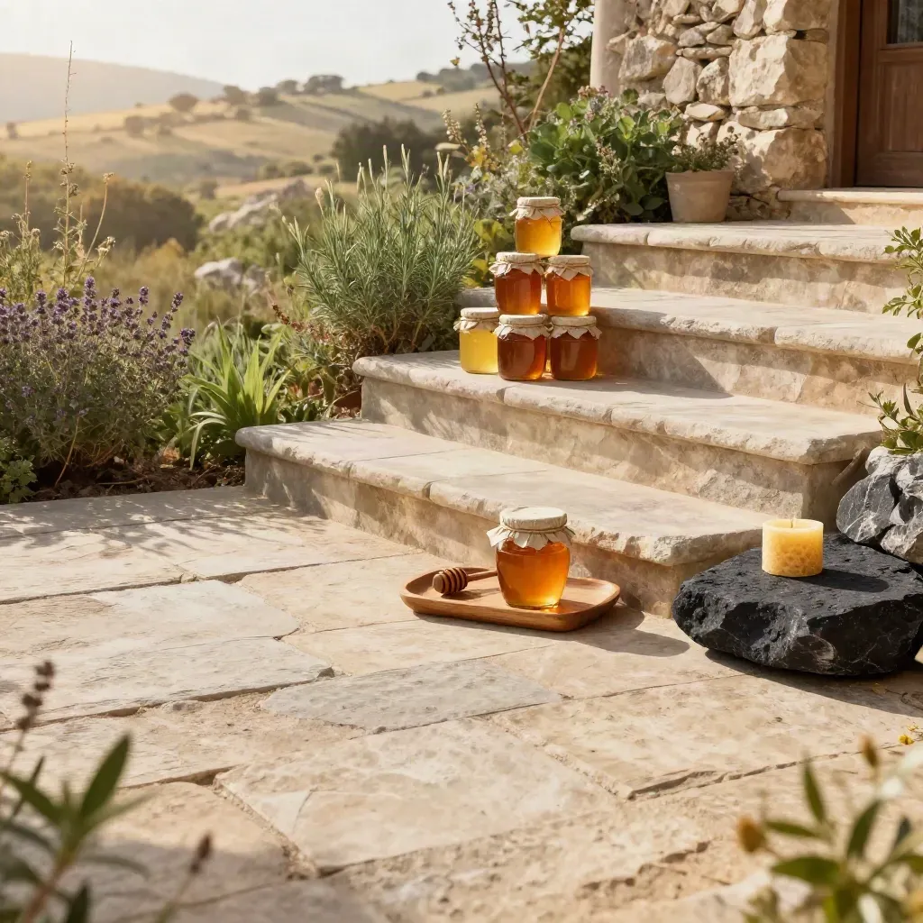 Stacked honey jars on a stone terrace beside herbs in warm golden hour light.