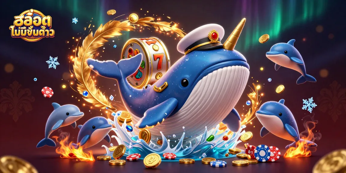 Experience สล็อตไม่มีขั้นต่ำ with a vivid 3D illustration of a whale and casino-themed elements.
