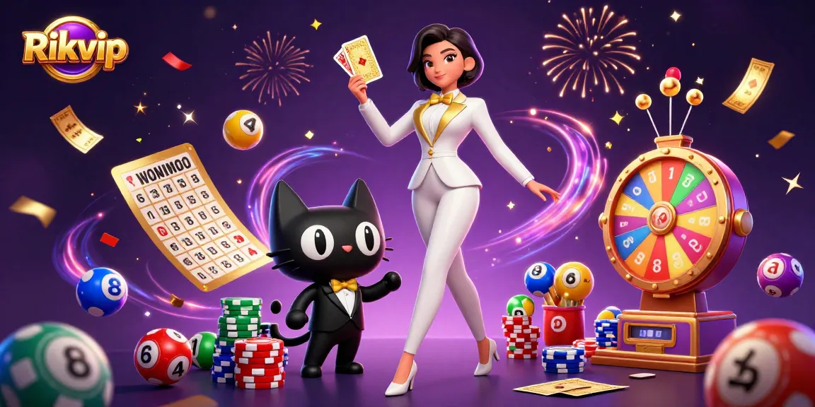 Experience thrilling gameplay at Rikvip with a glamorous dealer presenting lottery balls and casino elements.