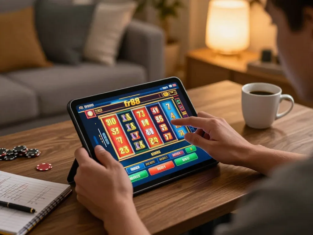 Engaging in thrilling tr88 win online gaming on a tablet at home, showcasing vibrant slot machine gameplay.