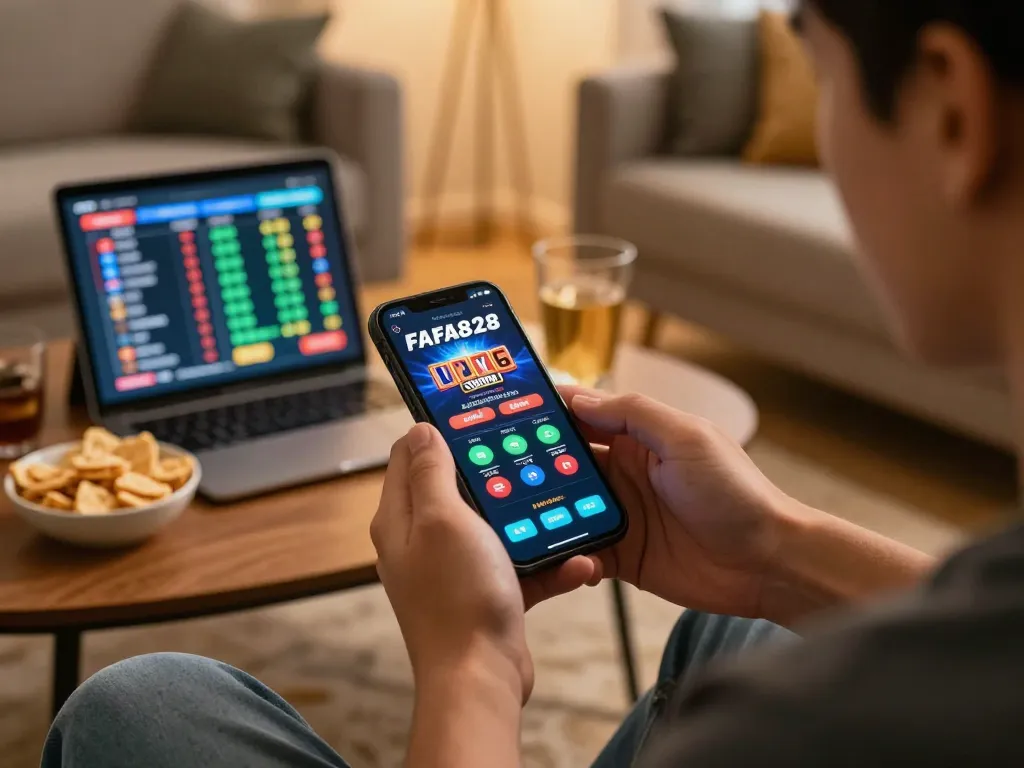 FAFA828 user engaging in mobile gaming strategy with casino app on smartphone