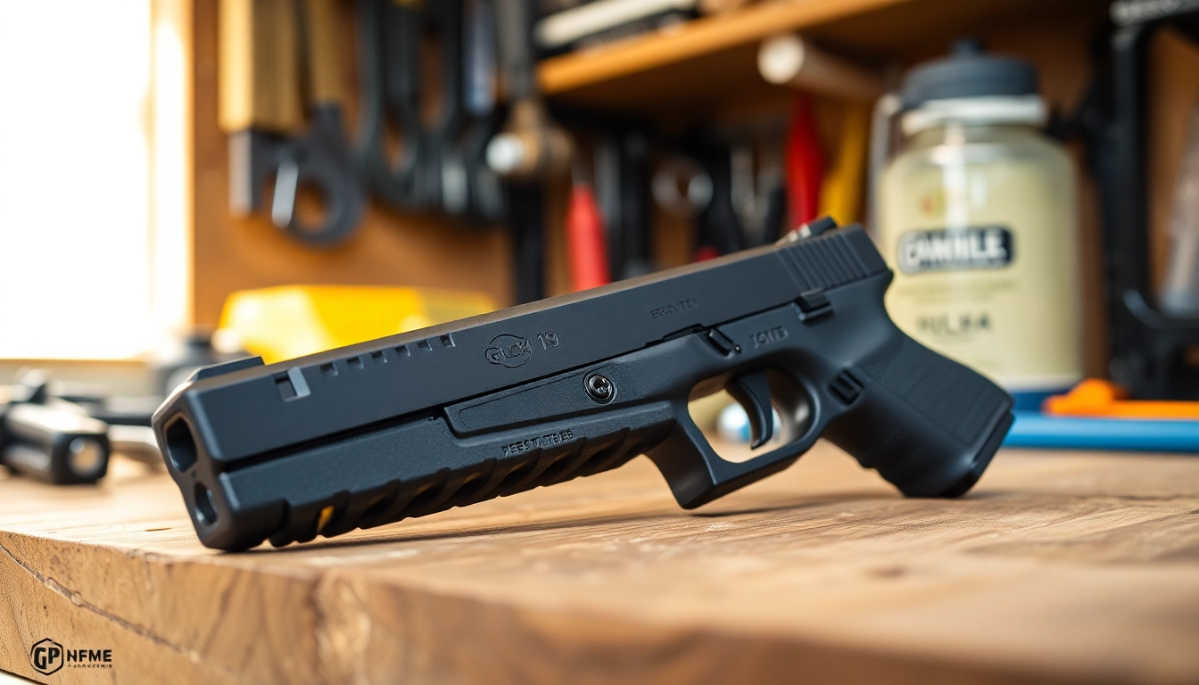 Showcasing a glock 19 slide on a workbench with detailed craftsmanship and tools around.