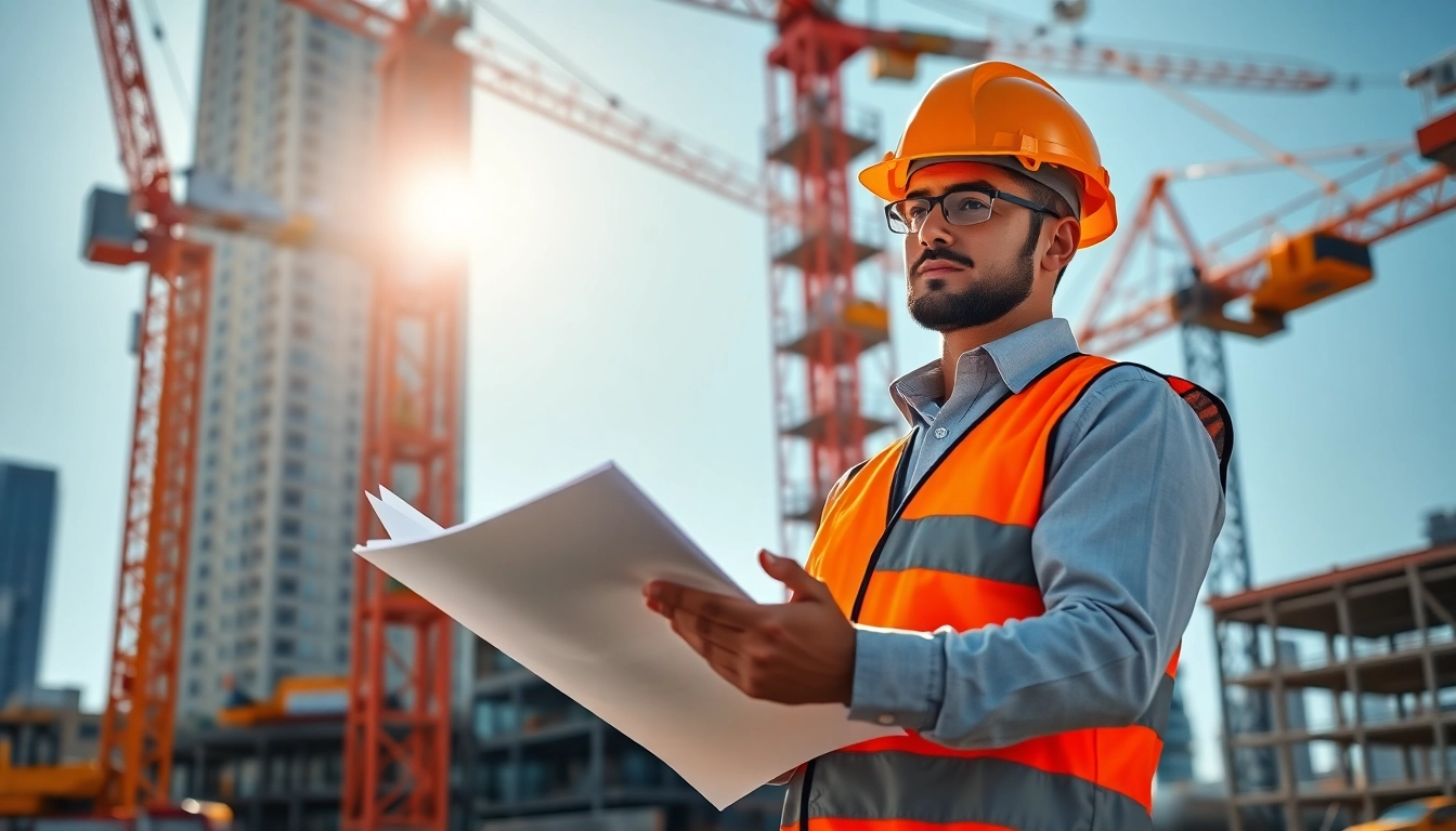 New York Construction Manager confidently overseeing a vibrant urban construction project.