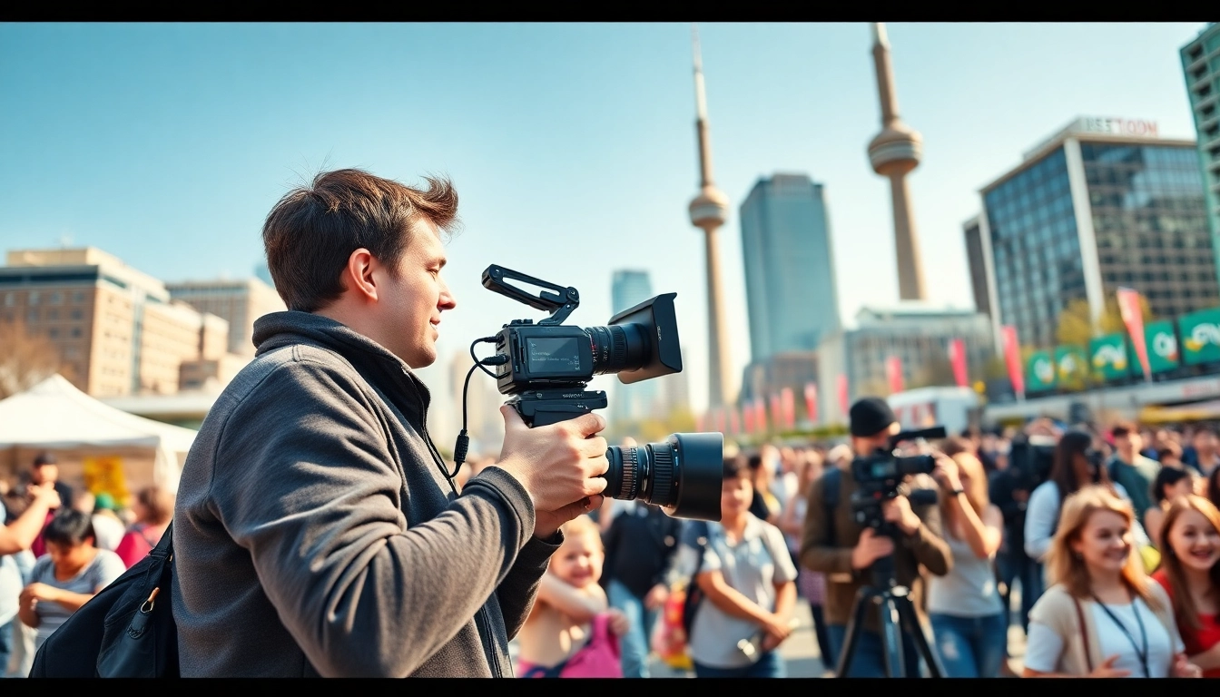 Professional videographers in toronto capturing a live event in vibrant cityscape.