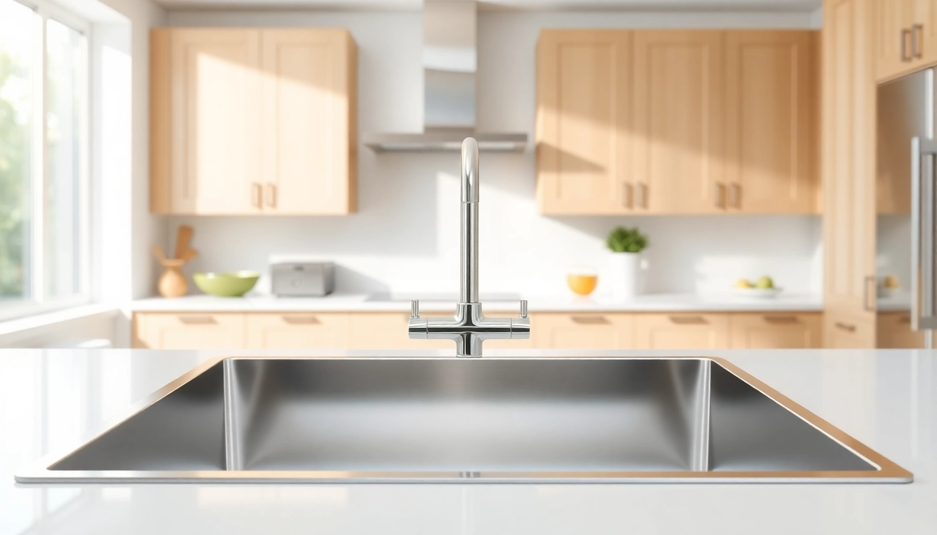 Explore a stylish stainless steel kitchen sink near me highlighted in a contemporary kitchen.
