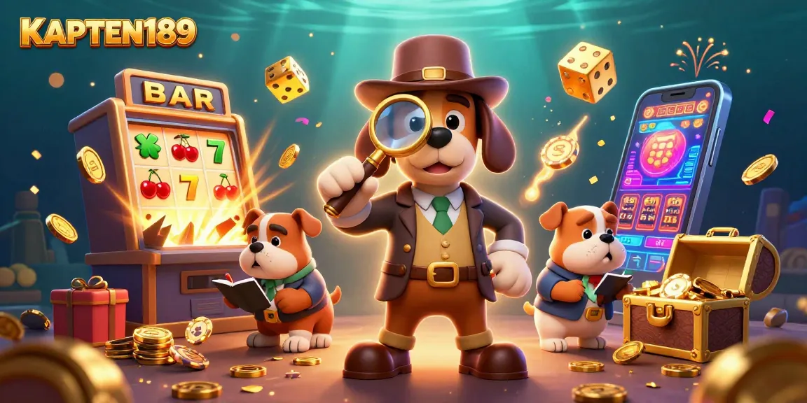 KAPTEN189 menampilkan detektif 3D menyelidiki chip poker emas di lingkungan kasino yang penuh warna.