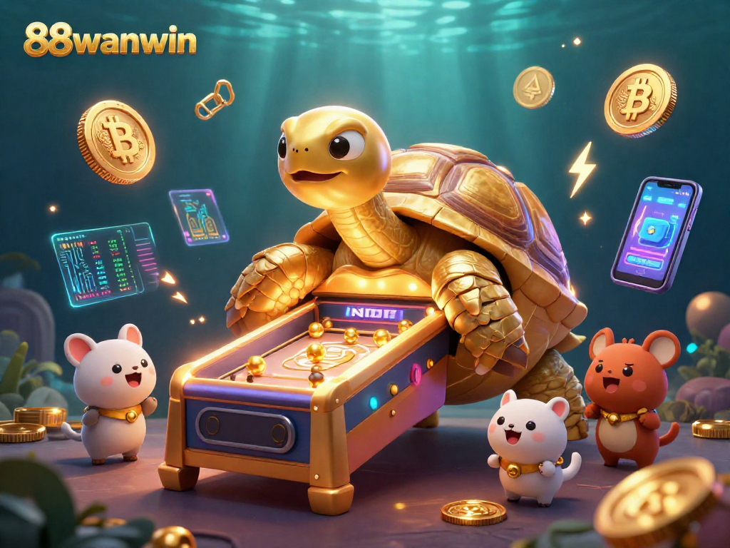 Experience thrilling gaming with 88wanwin as golden tortoise spins in a vibrant casino scene.