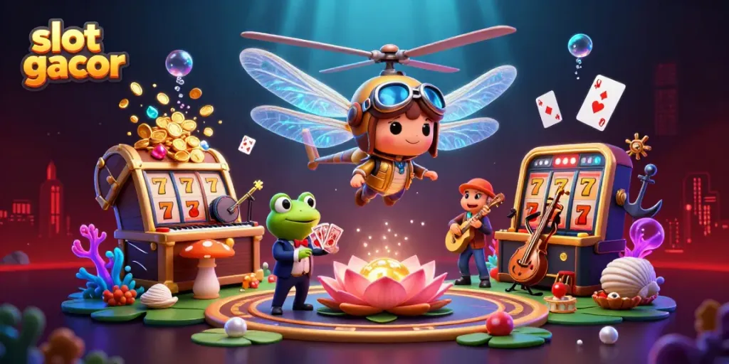 Experience the vibrant action of slot gacor with a flying dragonfly pilot and a frog croupier dealing cards.