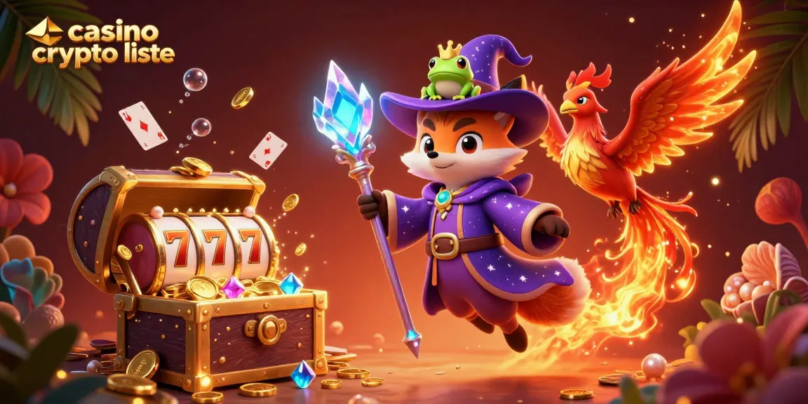Illustration dynamique d'un casino crypto liste avec des éléments de jeu captivants et une atmosphère magique.