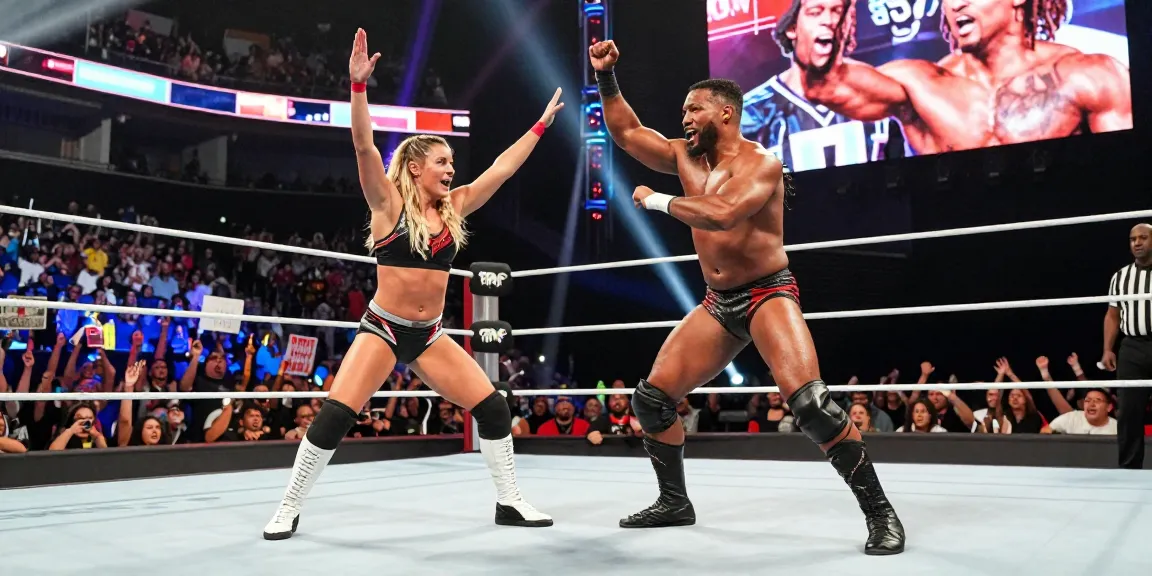 Xavier Woods and Paige performing wrestling poses in an electrifying arena filled with cheering fans.