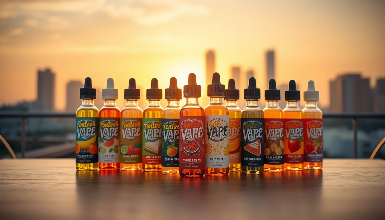 Explore vibrant vape juice bottles showcasing diverse flavors against a warm urban backdrop.