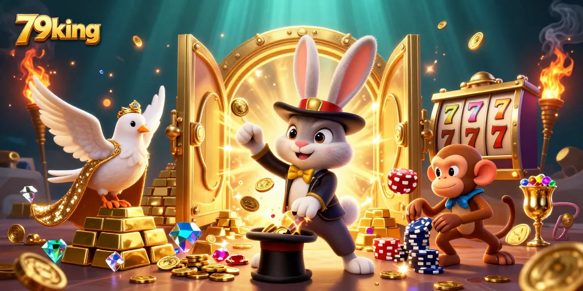 Engage with 79king as a magician rabbit conjures golden coins, surrounded by vibrant casino elements.