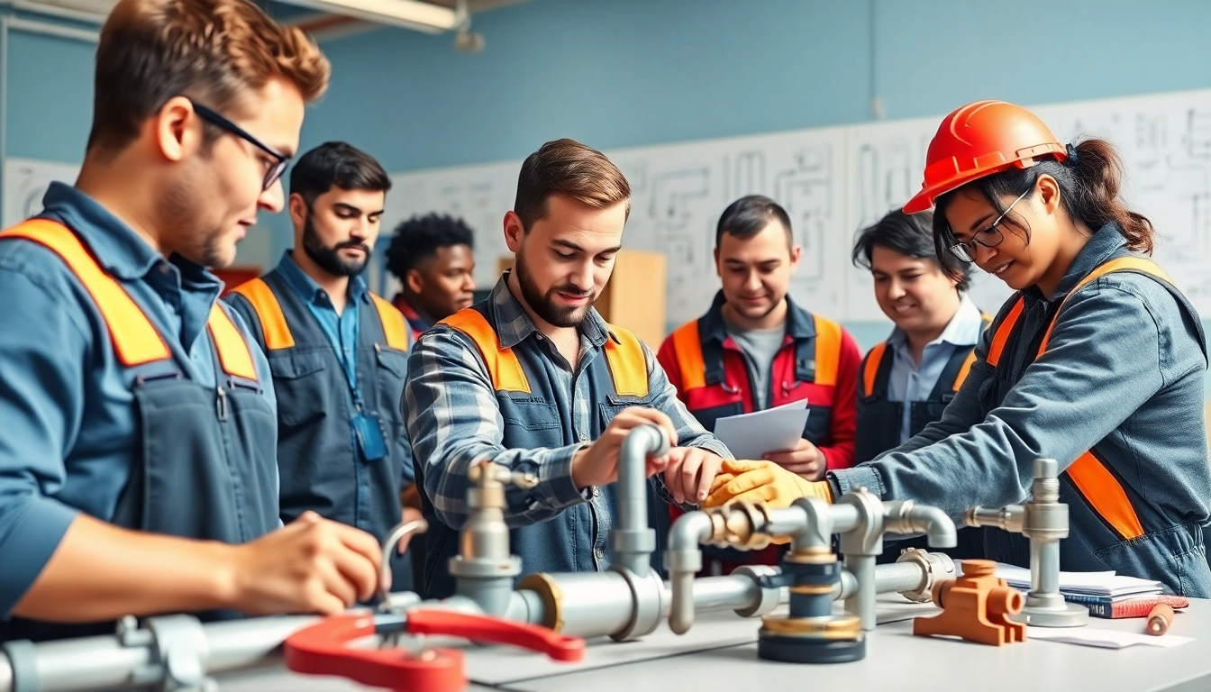 Engaged apprentices learning in a plumbing apprenticeship workshop, showcasing teamwork and hands-on skills.