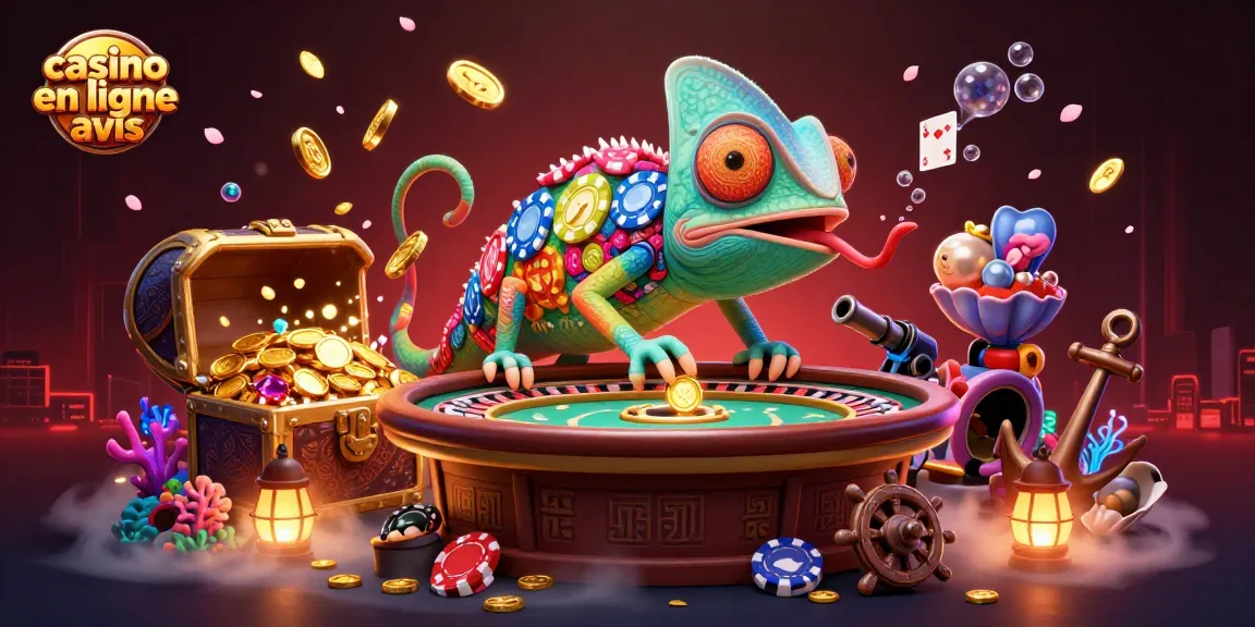 Explorez les avis sur le casino en ligne avec une illustration dynamique pleine de détails et de pièces d'or.