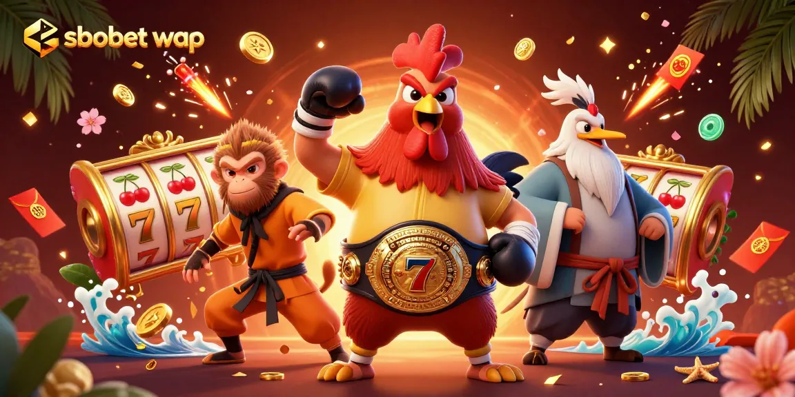 Experience thrilling sbobet wap action with the Muay Thai rooster and friends in a vibrant casino scene.